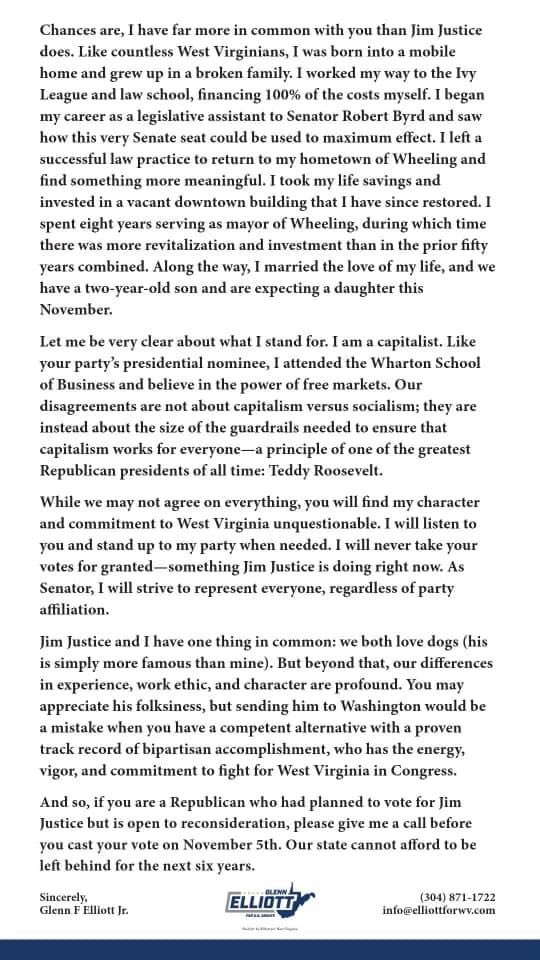 Over the past eight months, I have spoken to thousands of West Virginia Republicans on their door steps and in their communities. In each conversation, I have tried to make the case that my life story, work ethic, and character are a better reflection of Republican values than