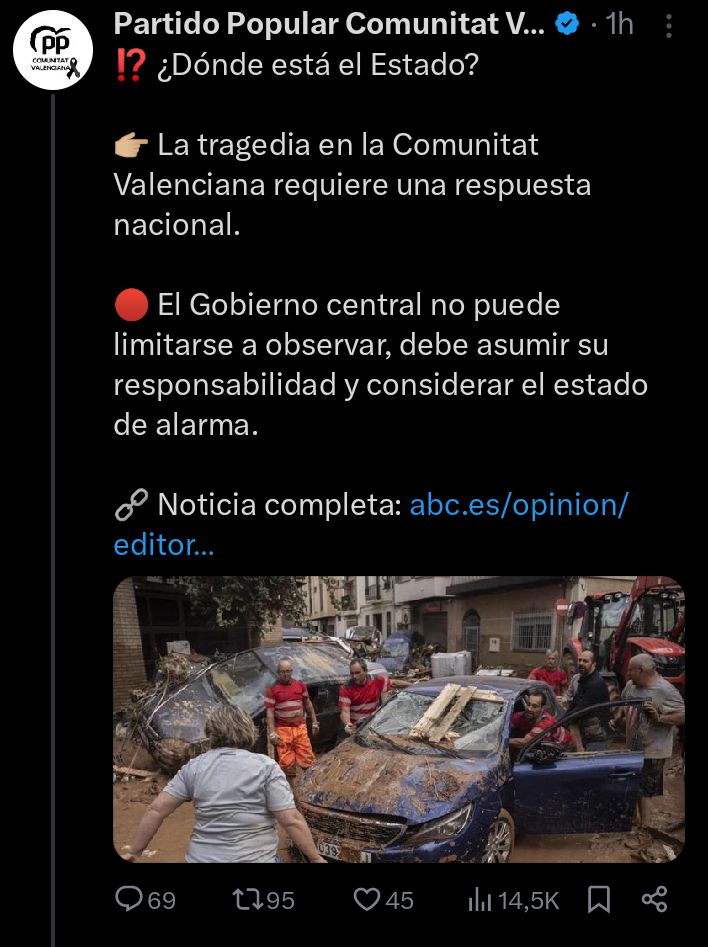 OriolanoChill's tweet photo. Han eliminado el tuit. Que se sepa, esta gentuza sabe que está bloqueando la ayuda necesaria para no visibilizar la magnitud del problema y querían responsabilizar al Gobierno Central de no decretar un estado de alarma que no quieren pedirle. https://t.co/grqON2MjkH