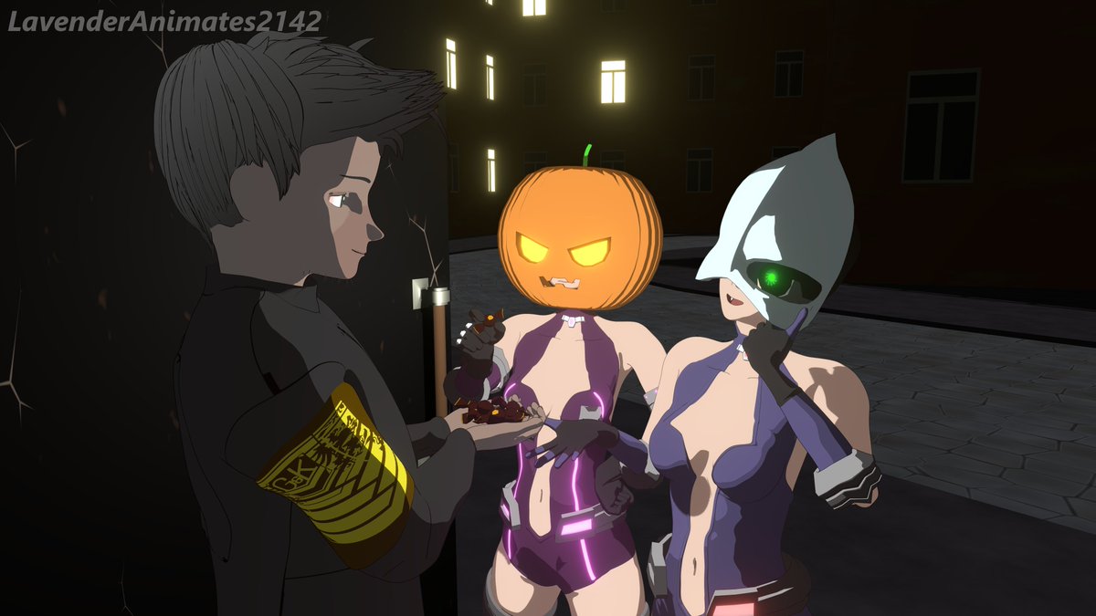 Lavender2142's tweet photo. Yearly #Sangvis_Ferri Halloween content! Starring the beloved #Ripper and #Vespid Sangvis units, as well as their Overseer with a supply of candies. Ripper follows the canon with her pumpkin hat, but what is that deep sea torpedo cosplay that Vespid's rocking? https://t.co/sUsggzvJsy