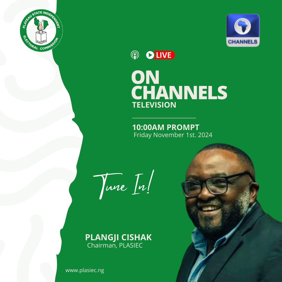 plasiecorg's tweet photo. Tomorrow at 10:00 AM, the PLASIEC Chairman goes live on @channelstv to discuss key issues from the October 9th Local Government Elections.
Tune in and stay informed!
#PLASIEC #PlateauElections https://t.co/SNZ00E6RTj