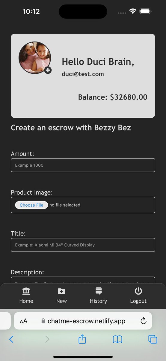 gozkybrain4u's tweet photo. Thank you @doptimist08166

We now have a new UI in this iteration of the ChatMe Escrow App, next Iteration should involve payment gateways.

Url: https://t.co/ndG8w57sO7 https://t.co/bGV44ZANBU