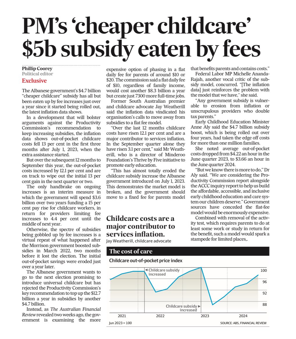 Georgie Dent (@georgiedent) on Twitter photo Hey Siri,
Tell me why the Child Care Subsidy is broken.
Government invests additional $5billion to reduce out of pocket costs for families by 13%.
Fast forward one year and guess what? Providers have - on average - increased fees by 12%.
Via <a href="/PhillipCoorey/">Phillip Coorey</a>
#ozearlyed Hey Siri,
Tell me why the Child Care Subsidy is broken.
Government invests additional $5billion to reduce out of pocket costs for families by 13%.
Fast forward one year and guess what? Providers have - on average - increased fees by 12%.
Via <a href="/PhillipCoorey/">Phillip Coorey</a>
#ozearlyed