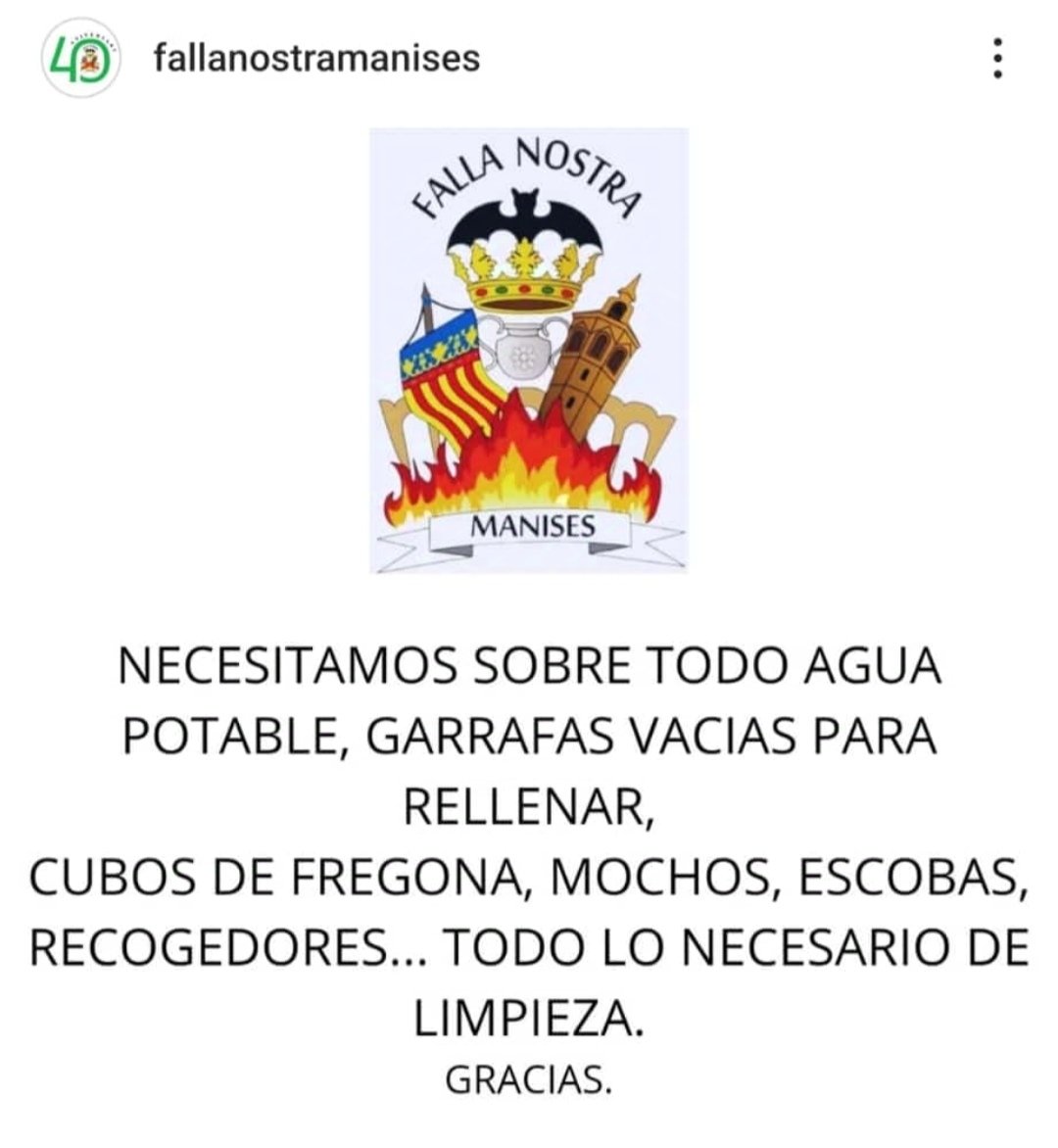 La falla nostra en manises es punto de recogida ..
Difundirlo por favor que cuanta más ayuda le llegue a los afectados mejor...