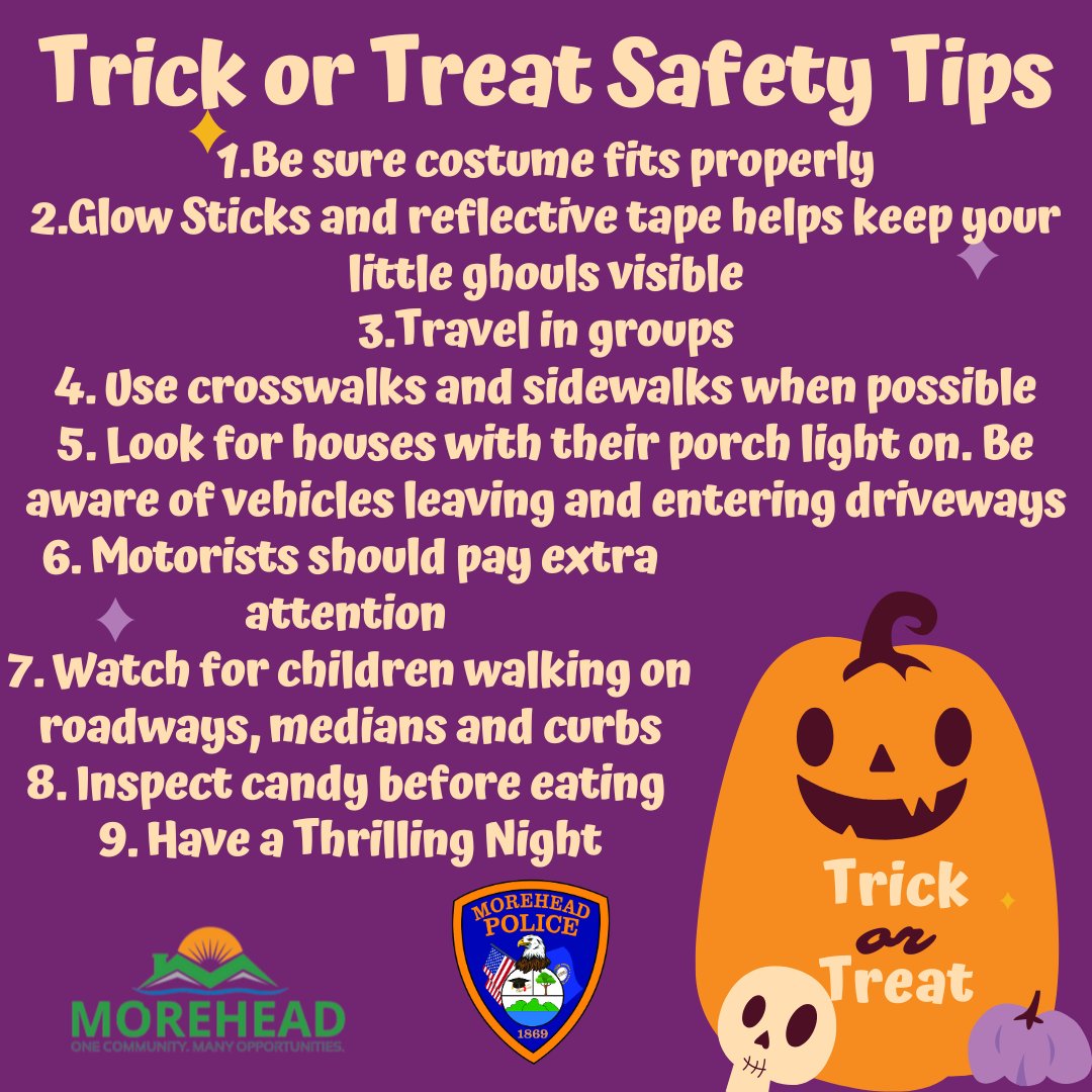 Some helpful Trick or Treat Safety Tips for tonight. 

Trick or Treat and Say Boo to Drugs will be from 6-8 p.m. (Thursday, October 31.)

Pay attention and look for the Great Pumpkin!