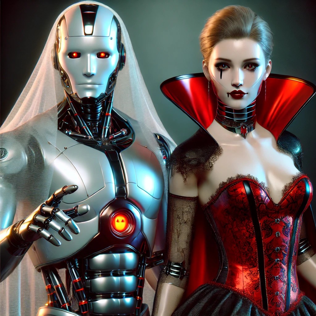 Jackielthequeen's tweet image. Who says Halloween? 🤖👻🧛‍♀️ Our robot duo is ready for spooky season – with a ghostly twist and a vampy red dress! 
#Halloween #RobotStyle #SpookySeason #AIArt #eTatos #CyberHalloween #Halloween2024 #DigitalArt #Robots #CostumeInspo #VampireVibes #GhostlyGlow&quot;