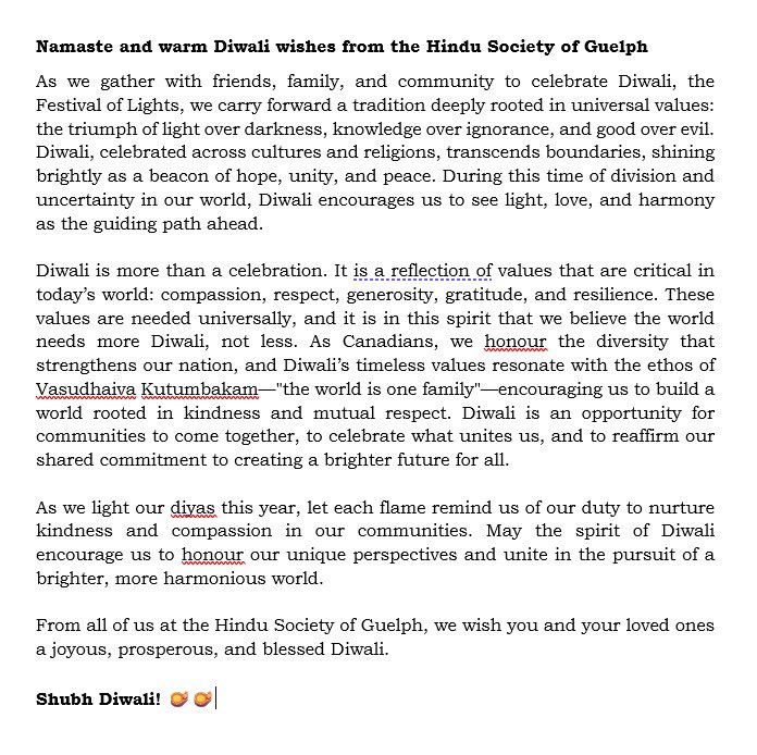 HSoGuelph's tweet photo. The Hindu Society of Guelph wishes you and your loved ones a joyous, prosperous, and blessed Diwali. 

Shubh Diwali! 🪔🪔

#Diwali2024 #Guelph #Canada🇨🇦 https://t.co/00Sa0tknoN