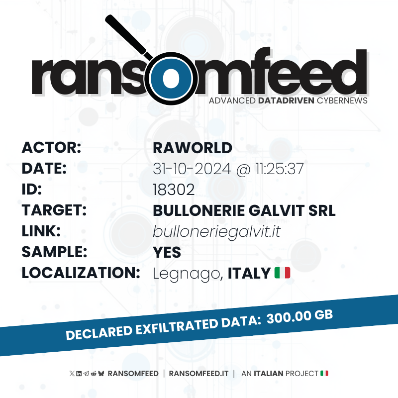 ransomfeednews's tweet photo. 𝗔𝗰𝘁𝗼𝗿: #raworld
𝗩𝗶𝗰𝘁𝗶𝗺: Bullonerie Galvit SRL | https://t.co/AwSxJLO3Kx
𝗖𝗼𝘂𝗻𝘁𝗿𝘆: Italy 🇮🇹
𝗦𝗮𝗺𝗽𝗹𝗲: yes
𝗘𝘅𝗳𝗶𝗹𝘁𝗿𝗮𝘁𝗲𝗱 𝗱𝗮𝘁𝗮: 300.00 GB
𝗗𝗲𝗮𝗱𝗹𝗶𝗻𝗲: November 27, 2024
👉🏻 simplify work with passion
🔗 https://t.co/Bgm7yeQ4AB
#ransomfeed #security #infosec