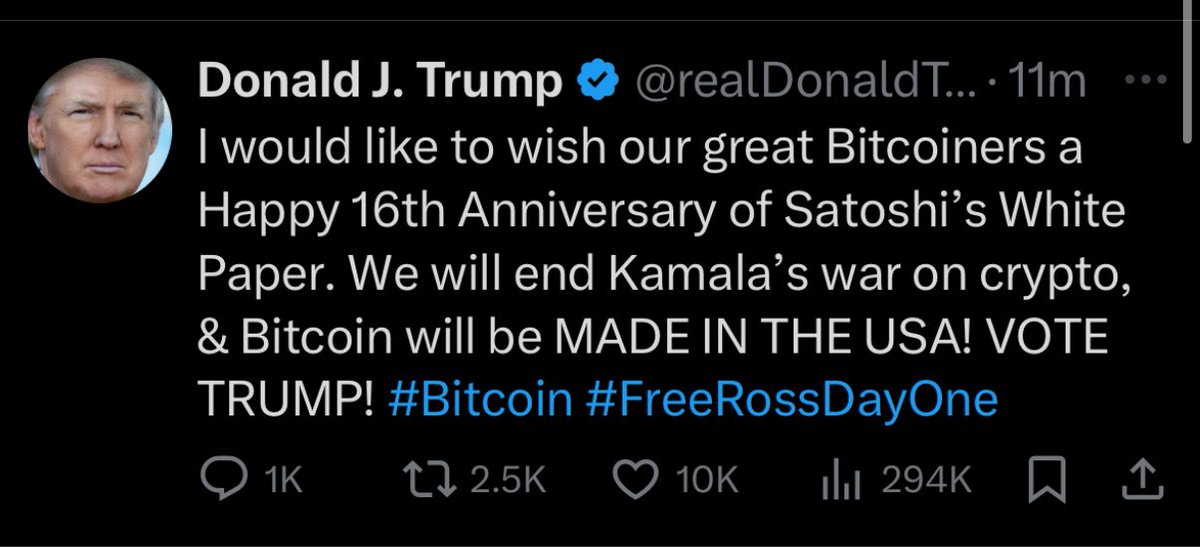 🚨 BREAKING 🚨

TRUMP SAYS HE WILL END KAMALA’S
WAR ON CRYPTO AND BITCOIN WILL
BE MADE IN THE USA 🇺🇸.

ONLY 5 DAYS TO GO FOR ELECTIONS.

THIS IS MASSIVE WIN FOR CRYPTO 🔥