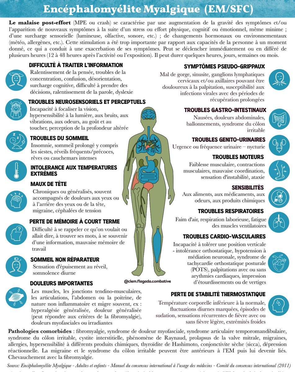 Clemence_EM's tweet photo. Voici une illustration que j'ai réalisée à partir des informations issues de « Encéphalomyélite Myalgique – Adultes et enfants – Manuel de consensus international à l’usage des médecins – Comité du consensus international (2011) ».   
#MECFS #MyalgicEncephalomyelitis https://t.co/G8icwhXMEU