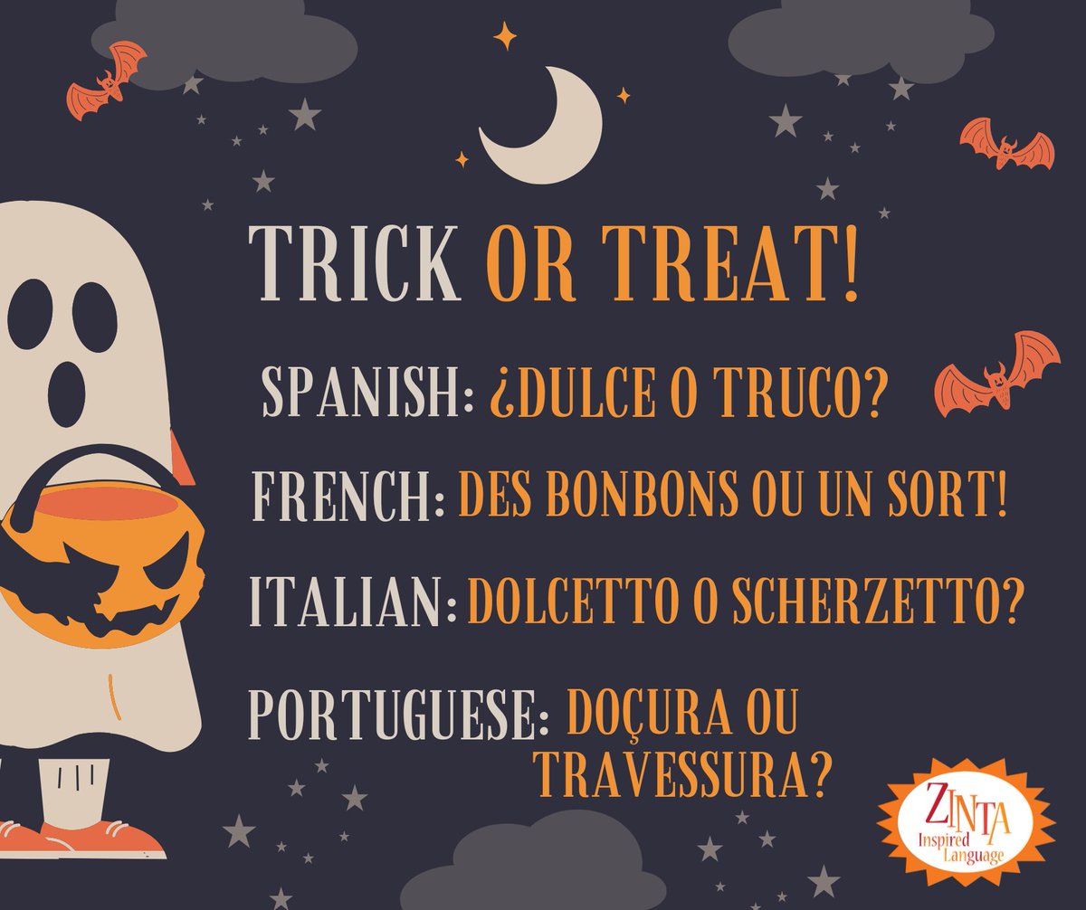 zintainspired's tweet image. Who knew ‘trick or treat’ sounds so fun in other languages? 🎃🍬 How are you saying it this Halloween?
#classes #languageclasses #Spanish #Italian #portuguese #french #ASL #signlanguage #ZintaLanguage #ZintaInspiredLanguage