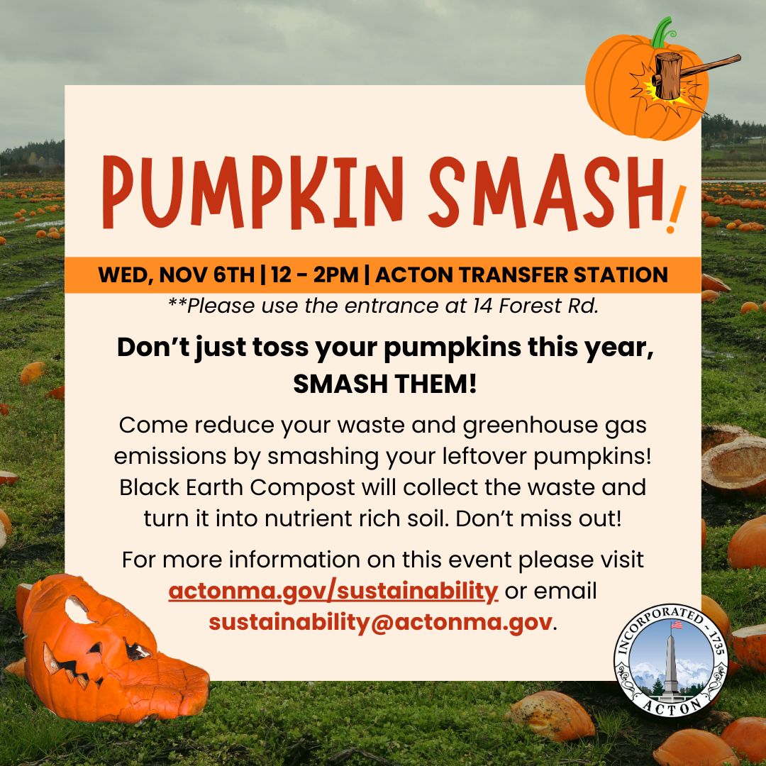 Join us for a PUMPKIN SMASH on Nov 6, 12-2pm, at Acton’s Transfer Station! Compost your leftover pumpkins to help reduce waste &amp; carbon emissions. Stop by after early release or during your lunch break—no sticker needed (enter at 14 Forest Rd). More info: actonma.gov/sustainability!