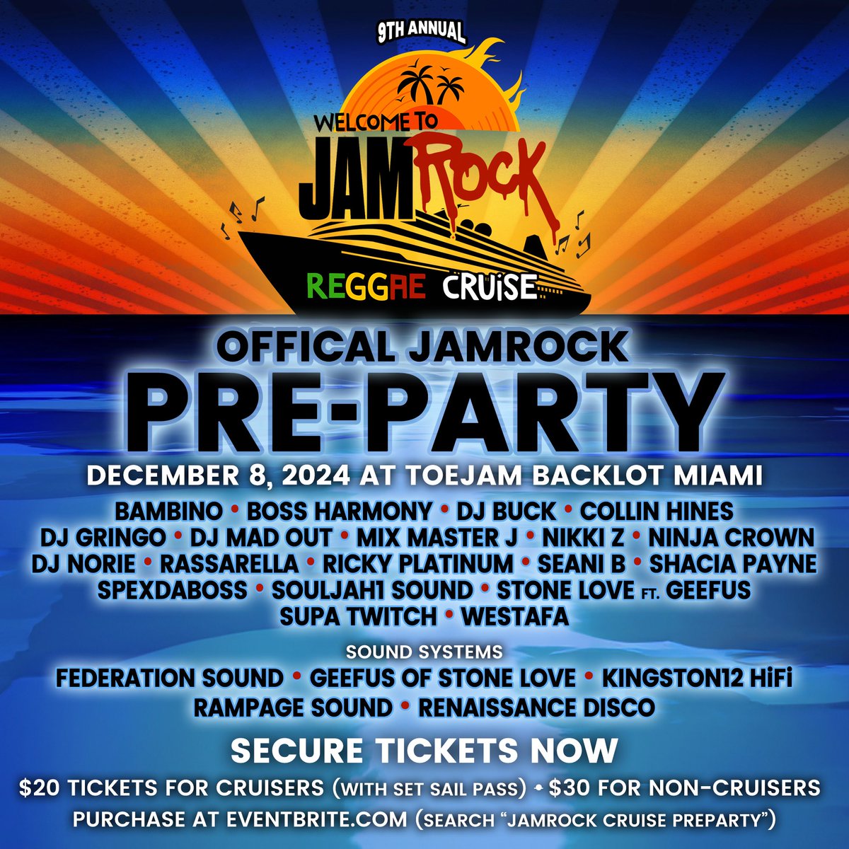 wtjrc's tweet photo. The Official Jamrock Pre-Party at ToeJam Backlot! It’s being held on December 08th, from 8pm-3am.
Secure your tickets 🎟️ NOW!! This event WILL sell out. Click link below ⬇️
https://t.co/Oua0XAPwAO
#JamrockPreParty
#ToeJamBackLot
#MiamiParty https://t.co/c18P9tWE7y
