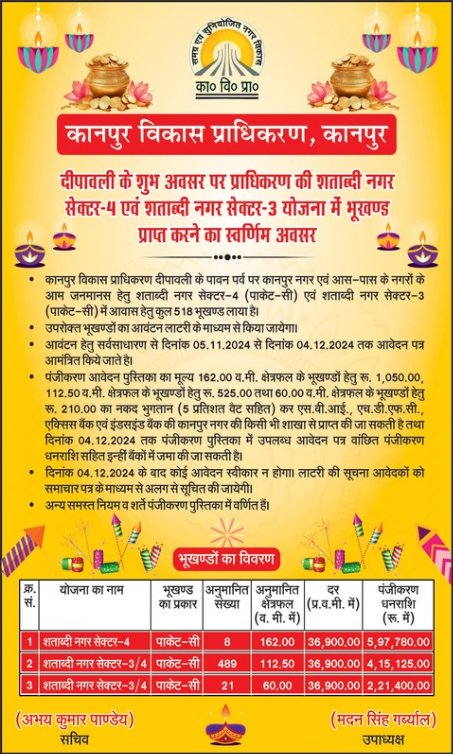 दीपावली के शुभ अवसर पर कानपुर विकास प्राधिकरण की शताब्दी नगर सेक्टर-4 एवं शताब्दी नगर सेक्टर-3 योजना में भूखण्ड प्राप्त करने का स्वर्णिम अवसर 
#kda_kanpur #kdakanpur

Follow the KDA Community channel on WhatsApp: whatsapp.com/channel/0029Va…