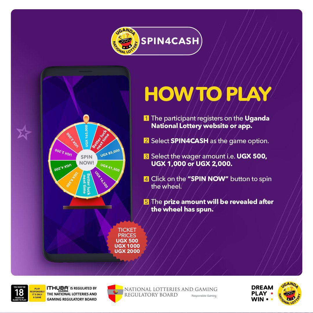 Play Spin 4 Cash by following the steps below; 1. Register on the Uganda  National Lottery website https://t.co/eYeKoXfGML or app. 2. Choose  #SPIN4CASH as your game. 3. Select your wager amount: UGX