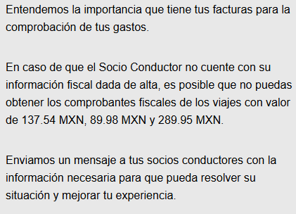 elpazos's tweet photo. Ahora resulta que si el conductor de UBER no tiene sus datos fiscales correctos es problema tuyo, no de UBER. Sobre todo los que viajamos por trabajo, nos perderemos del reembolso al no poder entregar factura. Pésimo!!! @Uber_MEX https://t.co/NThEaGUV3t