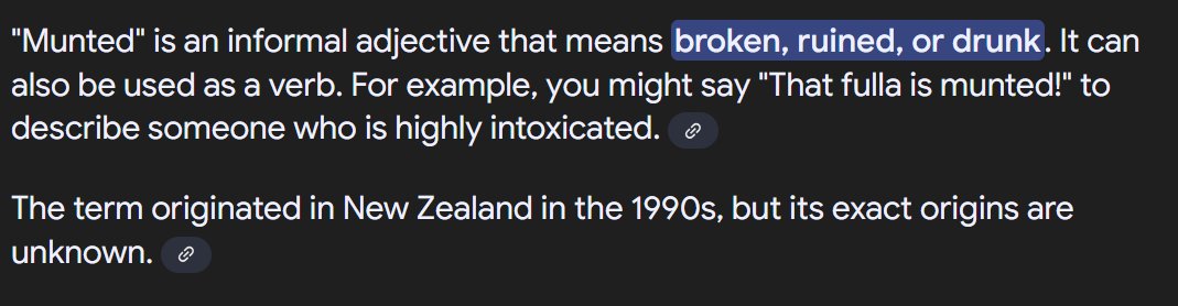 VeronicaGlamis's tweet photo. 1/2 A brief lesson in Kiwi vernacular. I used the term #MUNTED from time to time. Here is an AI explainer of its meaning, for your edification. https://t.co/JDsrTNNGwB