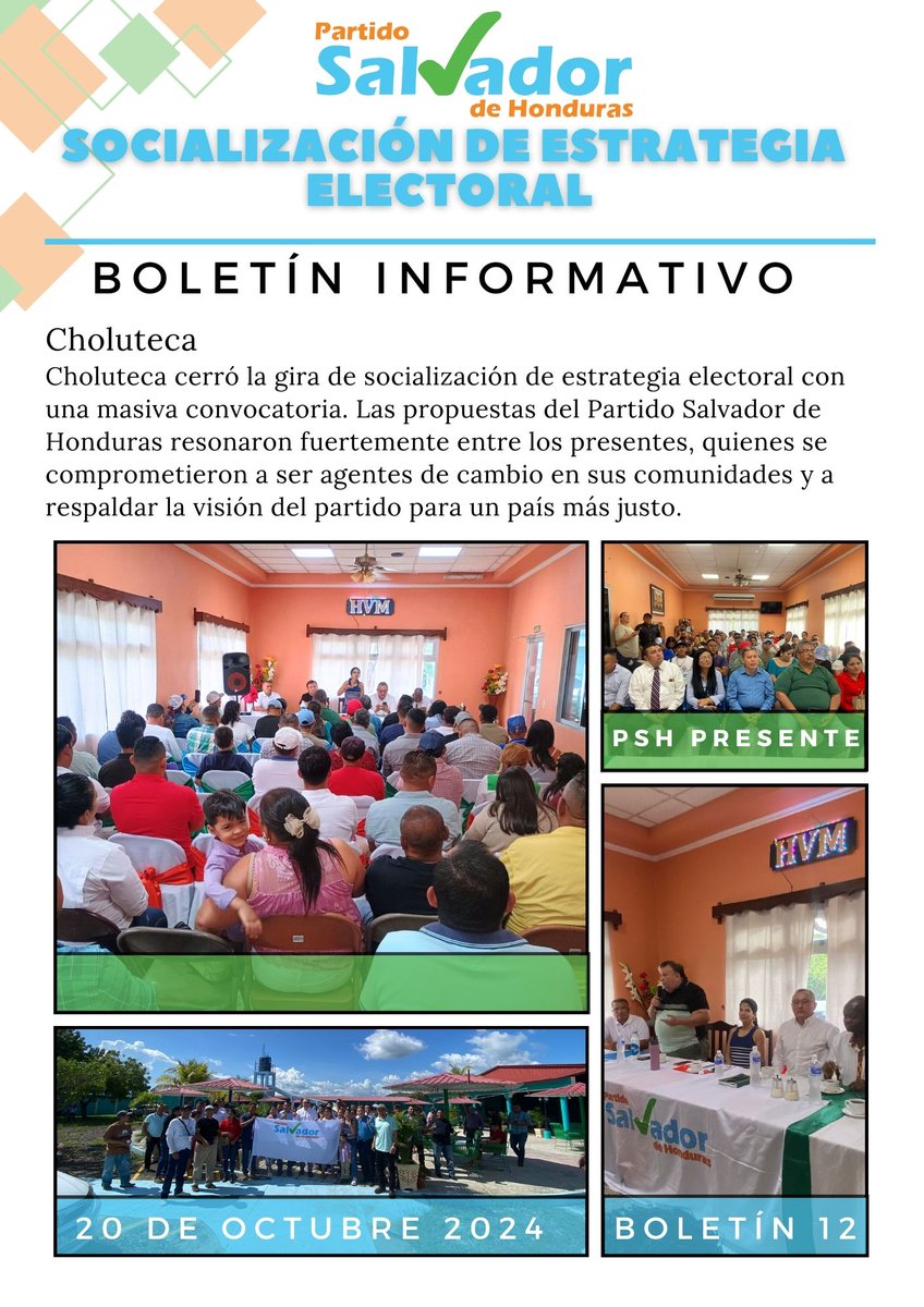 Choluteca
Choluteca cerró la gira de socialización de estrategia electoral con una masiva convocatoria. Las propuestas del Partido Salvador de Honduras resonaron fuertemente entre los presentes, quienes se comprometieron a ser agentes de cambio en sus comunidades.