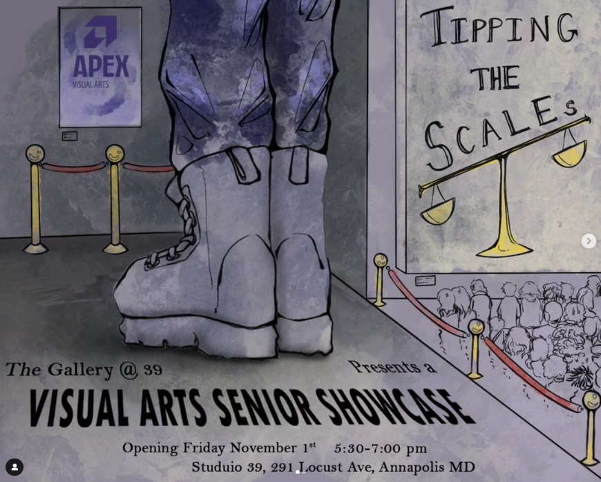 Studio39AACPS's tweet photo. It's that time of year again...the start of the Apex Arts gallery season! The Visual Arts Seniors are kicking off the season with their first solo gallery show. It's called "Tipping the SCALEs" and each senior had to create one HUGE piece and one TINY piece. Come see! https://t.co/GkkJzpnIzX