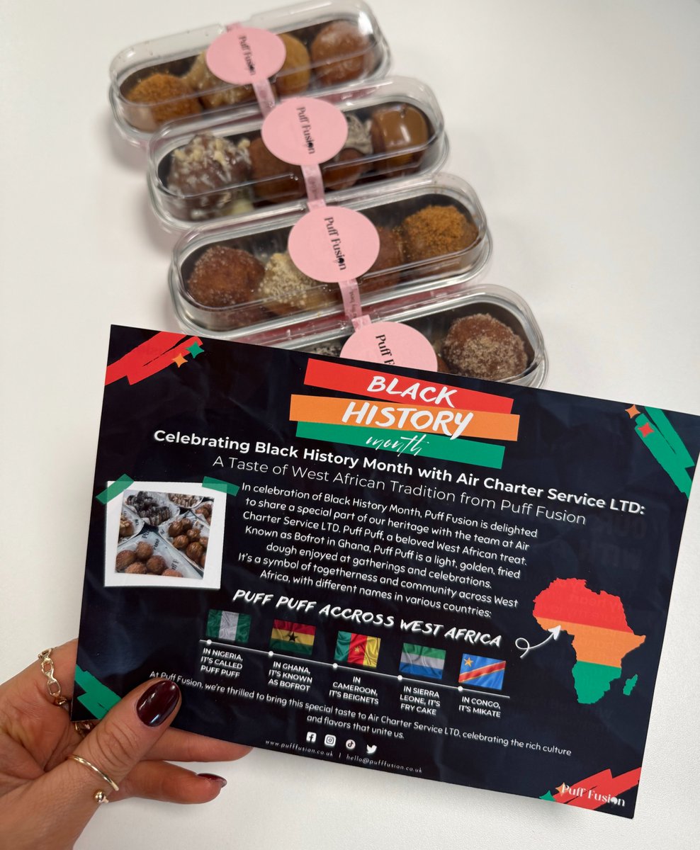 ACS_AIRCHARTER's tweet photo. In honour of Black History Month, our Diversity and Inclusion committee have decorated #ACSLON with informative posters, arranged delicious treats from Puff Fusion, and authentic Caribbean dishes from The Heat &amp; Soul food truck, for everyone at our London HQ! https://t.co/tjUVAIZ8X4