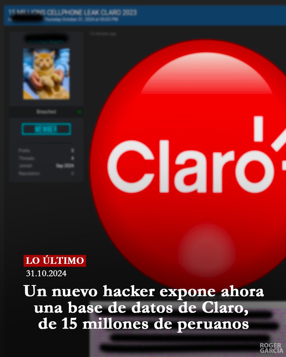 Aderly's tweet photo. #LOÚLTIMO Un nuevo hacker aparece y afirma haber expuesto la base de datos (de 2023) de la compañía Claro, comprendida de 15 millones peruanos. https://t.co/eBSmYv0x98