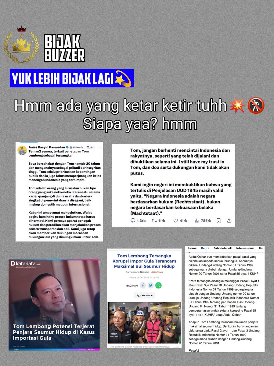 BijakBuzzer's tweet photo. Hmm ada yang ketar ketir tuhh💥🚷
Siapa yaa? hmm #prabowosubianto #prabowo #gibran #fypシ #fypage #trend #fyp #korupsi #fypシ゚viral #anisbaswedan https://t.co/thS9UnnYpI