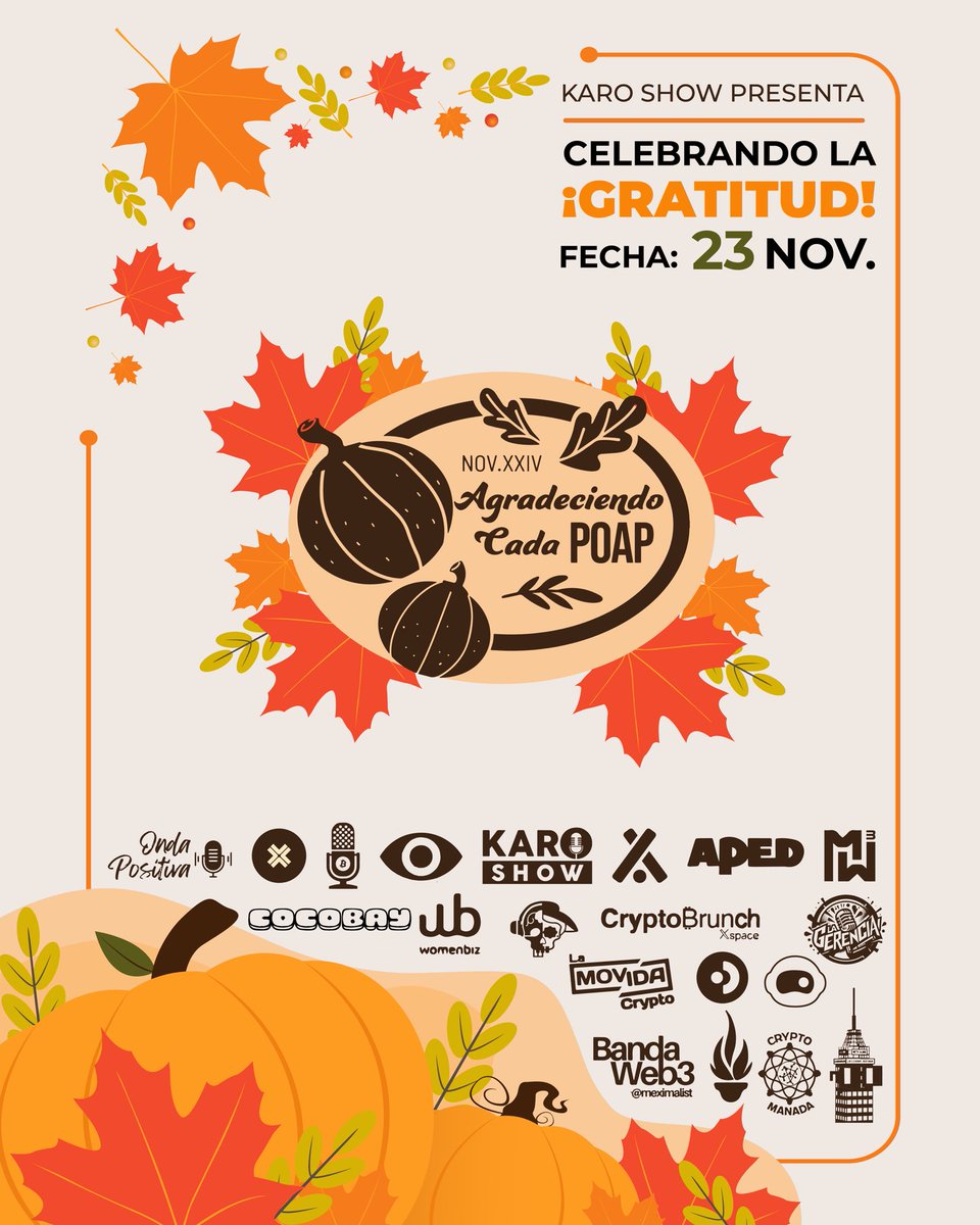 AGRADECIENDO CADA POAP 2024

Este año, ademas de contar porque estamos agradecidos, tendremos música, dinámicas traídas por la comunidad para la comunidad y +

Nos acompañaran comunidades como: <a href="/LaGerenciaPR/">LaGerencia</a>, @cryptomanada, @LiderateInfluye, <a href="/collectingtoken/">APED🦍</a>, @PlazaNouns,