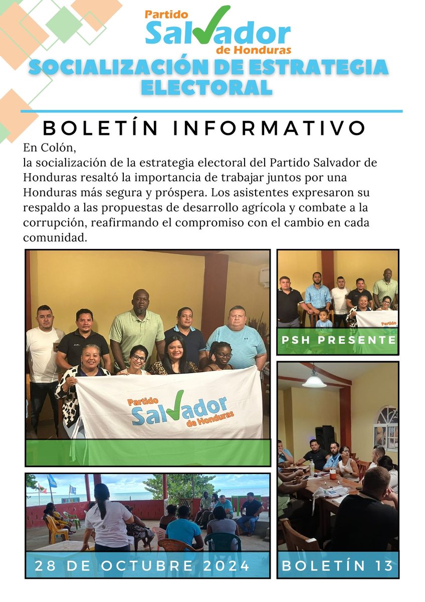 Colón
En Colón, la socialización de la estrategia electoral del Partido Salvador de Honduras resaltó la importancia de trabajar juntos por una Honduras más segura y próspera. Los asistentes expresaron su respaldo a las propuestas de desarrollo agrícola y combate a la corrupción