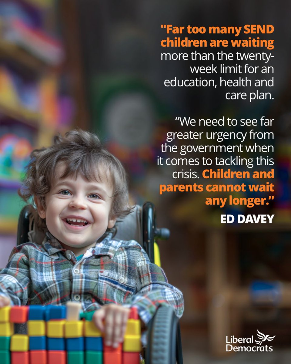 LibDems's tweet photo. Far too many SEND children in our community are waiting more than the twenty-week limit for an education, health and care plan.

We need to see far greater urgency from the government when it comes to tackling this crisis, because children and parents cannot wait any longer. https://t.co/yPvhsQVtnU