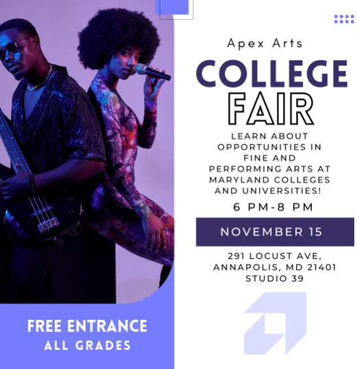 Looking for colleges? Curious about how to continue your art? Come to the Apex Arts College Fair from 6-8 PM on November 15! Featuring 8 Maryland colleges and a special presentation from AACC, the college fair will be a great opportunity to learn about your options.