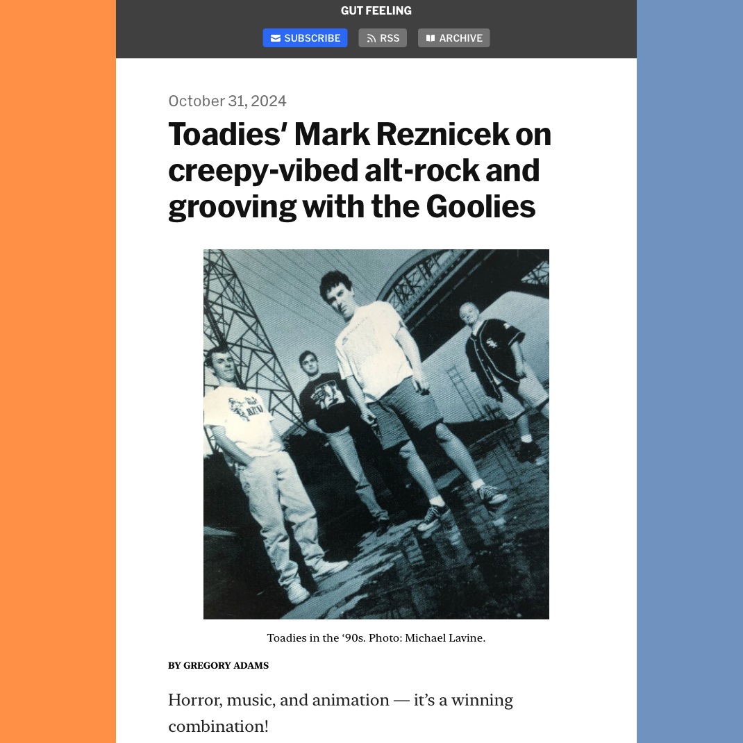 Gut Feeling's annual Halloween newsletter is w <a href="/thetoadies/">Toadies (Official)</a> drummer Mark Reznicek on covering the Groovie Goolies theme song back in the '90s.

We talk: 'Toon horror, tracking "Goolie Get-Together," Toadies' creep-vibed originals, and more!

Read/subscribe: buttondown.com/GutFeeling/arc…