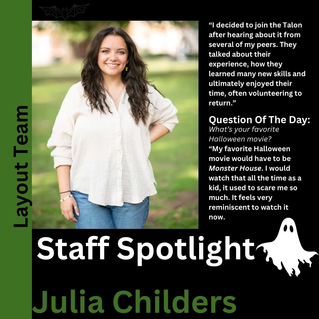 JournalTalon's tweet image. Happy Halloween from all of us at The Talon! Today we’re taking a moment to highlight one our current staff members, Julia Childers in Layout! Also we want to let everyone know that all acceptance emails have been sent. We hope that everyone has a wonderful Halloween!