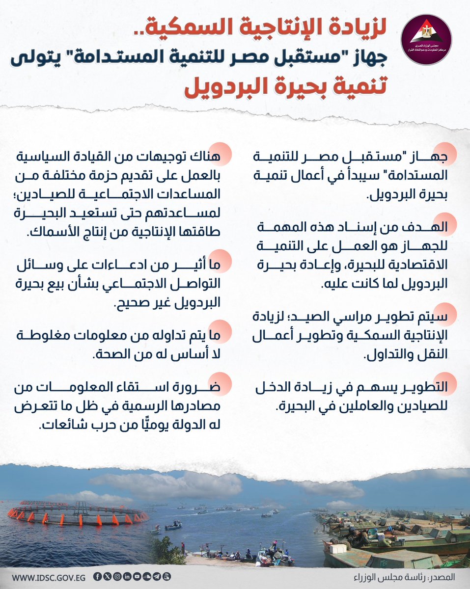 صرح المستشار محمد الحمصاني، المتحدث الرسمي باسم رئاسة مجلس الوزراء، بأن جهاز "مستقبل مصر للتنمية المستدامة" سيبدأ في أعمال تنمية بحيرة البردويل، مشيرًا إلى أن الهدف من إسناد هذه المهمة للجهاز هو العمل على التنمية الاقتصادية للبحيرة، وإعادة بحيرة البردويل لما كانت عليه؛ حيث سيتم