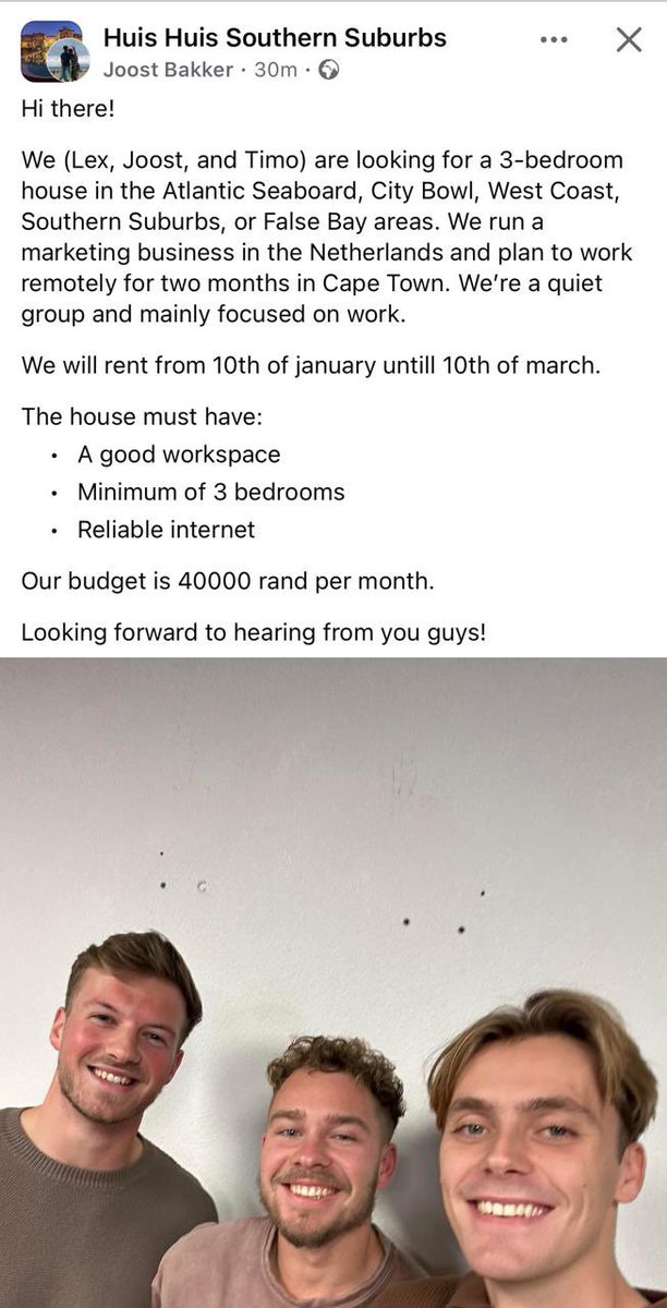 The digital nomads have arrived. 

They come with offers of R40 000 for a 3 bedroom house. 

Cape Town’s residents working normal middle class jobs and paying school fees have no ability to match this. 
They will be pushed out of the city. 

The housing crisis deepens.