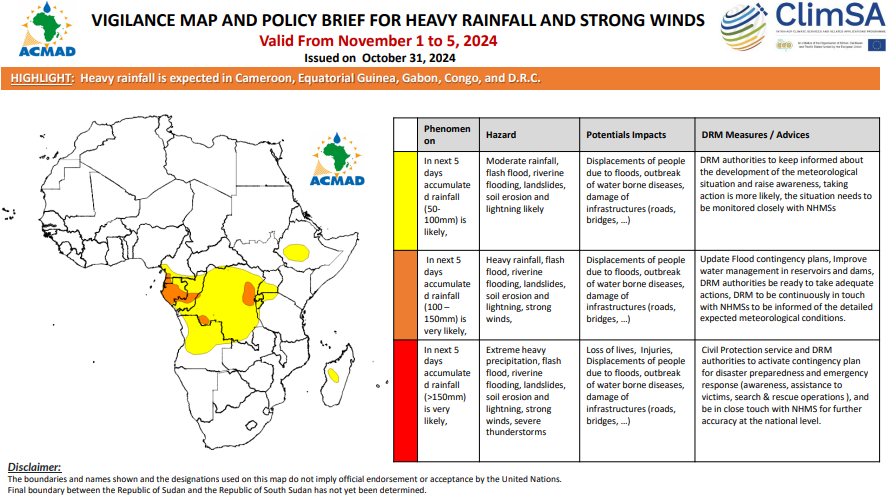 ACMAD_org's tweet photo. .ℹ️5-Days #Heavyrainfall forecast (Nov 1-5,2024)
⛈️Heavy rainfall (100-150mm) is very likely in southern #Cameroon, #EquatorialGuinea, northwestern and southeastern #Gabon, central #Congo, southern and eastern #DRC
Details➡️https://t.co/9LiWsZmFUy
#Forecast #Multihazard #Africa https://t.co/iQPTJSfPyF