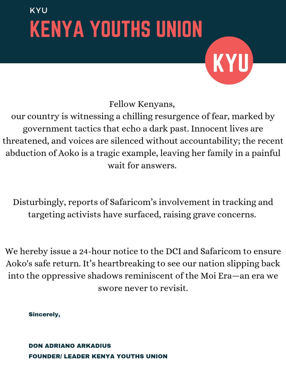 kreatv_'s tweet photo. Youths Union Issued Ultimatum to DCI and Safaricom.

#FreeAoko ,Martha Koome,Gatwiri,#NgorokoSquad,KES 10,000, #BoycottSafaricom,ISIS,The  Court of Appeal,#USElection2024 ,Raila,#UkoSafe #JoinSHARevolution ,riggy arap moi,The DCI,BREAKING NEWS,Kithure Kindiki https://t.co/sP3bshqNdj