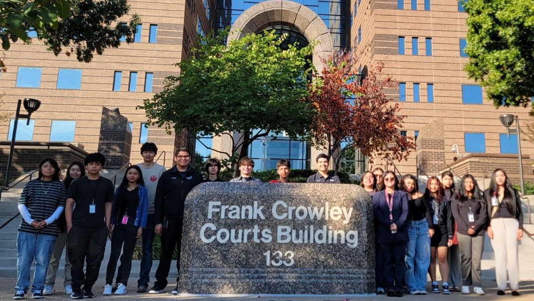 Soph w/Law Enforcment &amp; Legal Studies visit Crowley Courthouse @ invite of Judge Hector Garza, to see the 195th District Court, inc. a plea hearing. After, a chat w/his Honor, prosecutor, defense atty &amp; sheriff deputies re: test of being "1st generation" + school &amp; career advice