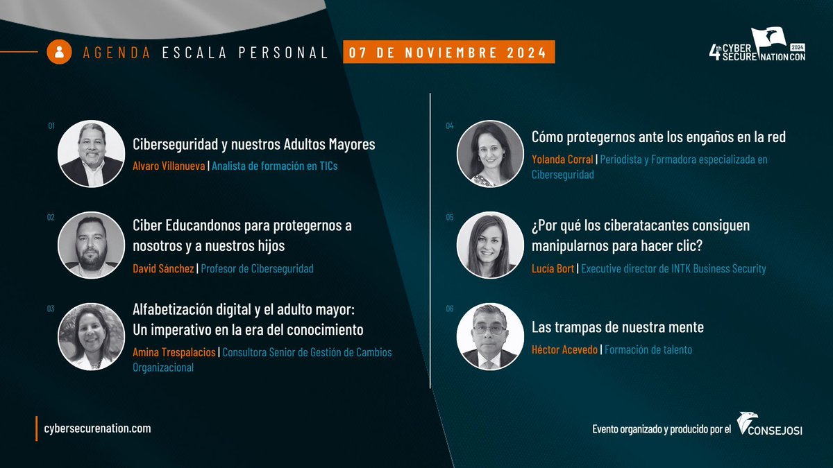 ¡Llega la Cyber Secure Nation Conference 2024! 🌐#4CSNCON24 Únete del 7 al 27 de noviembre para aprender de expertos en #ciberseguridad. Con temas de protección digital personal, resiliencia organizacional y más.

🔗 Más info: cybersecurenation.com/con2024