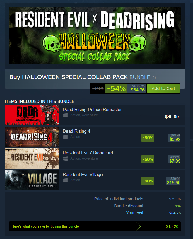 Wario64's tweet photo. Dead Rising Deluxe Remaster + DR4 + RE7 + RE Village bundle is $64.76 on Steam https://t.co/ga8Gtx5L0b https://t.co/QzAAg2DvfG