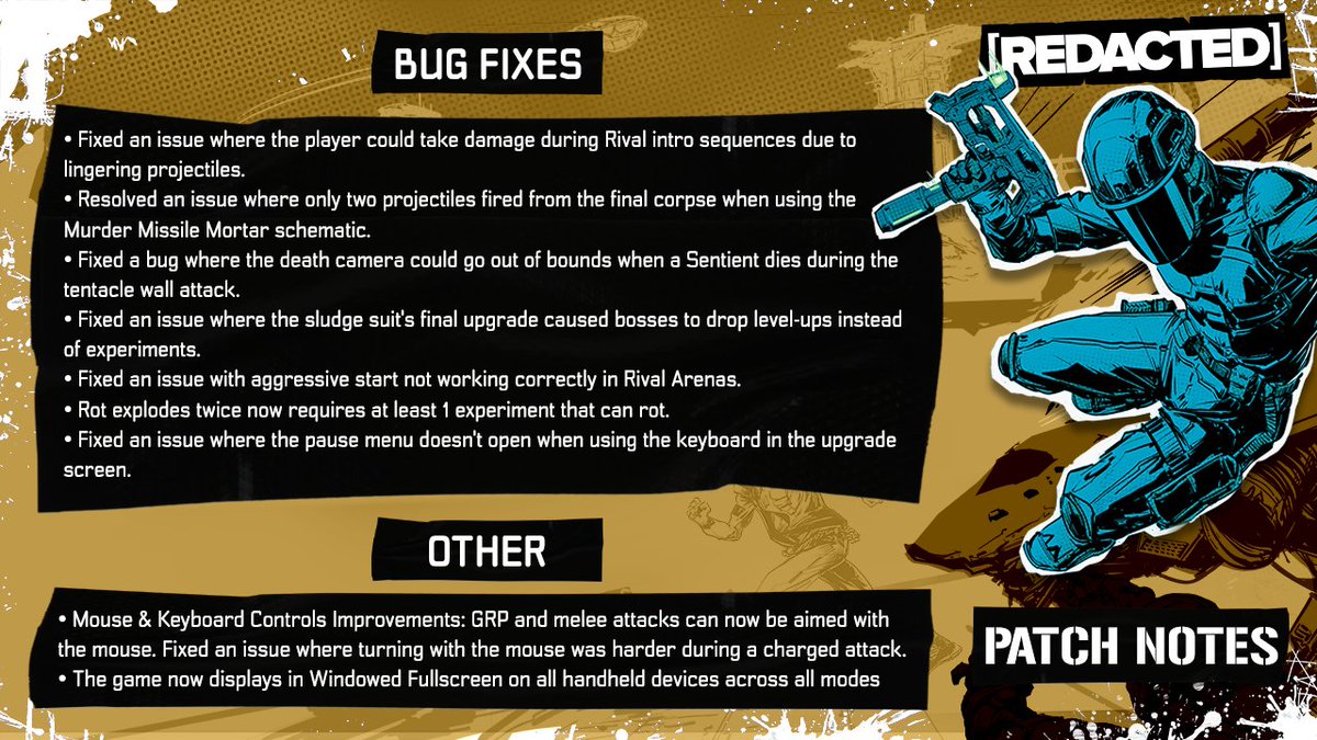 Officially Redacted (@play_redacted) on Twitter photo Our first patch is live, bringing a variety of bug fixes and improvements. We’re working hard to make every run through Black Iron Prison smoother, so keep your feedback and reports coming! Our first patch is live, bringing a variety of bug fixes and improvements. We’re working hard to make every run through Black Iron Prison smoother, so keep your feedback and reports coming!