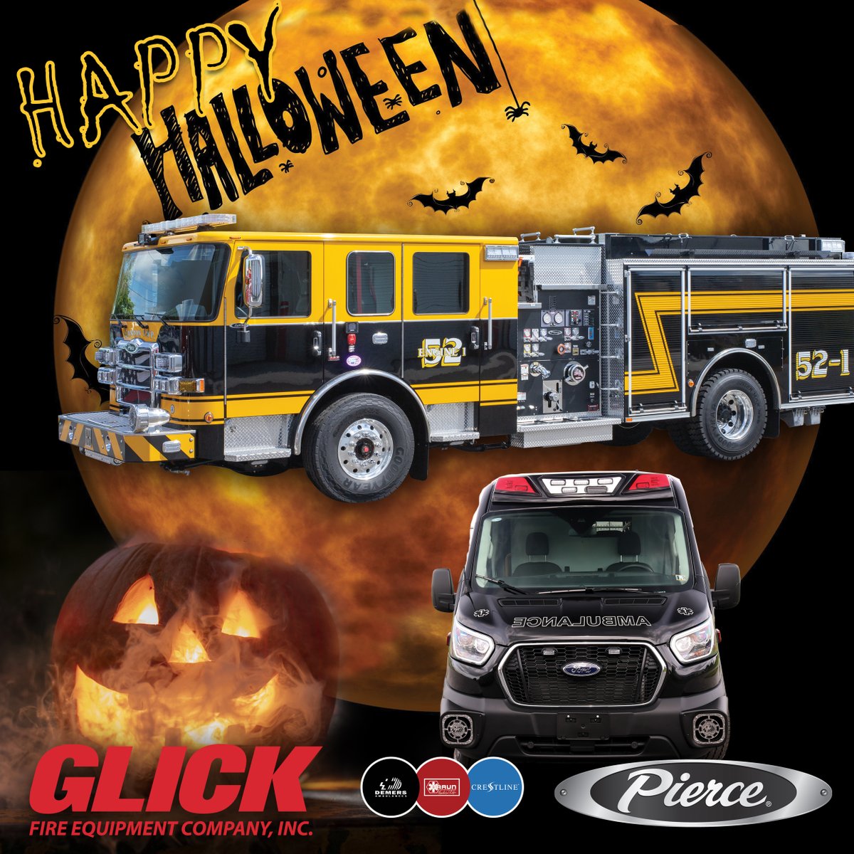 Happy Halloween from GLICK Fire Equipment. Stay safe and enjoy a spooktacular night! #glickfire #glickems #halloween2024 #trickortreat #piercefireapparatus #DBC