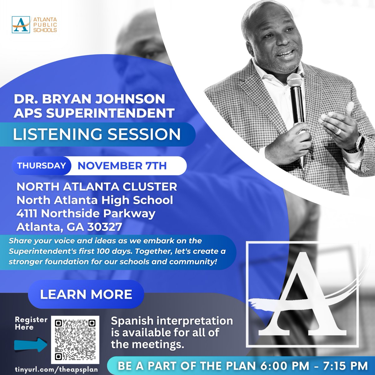 apsupdate's tweet photo. Superintendent Dr. Bryan Johnson wants to hear from you! Join us at the next session—register now to ensure your voice is heard and help us build a stronger foundation for everyone! https://t.co/TQ6CLMvWS0 #APSCares #AtlantaPublicSchools https://t.co/nK6GWlFPYF