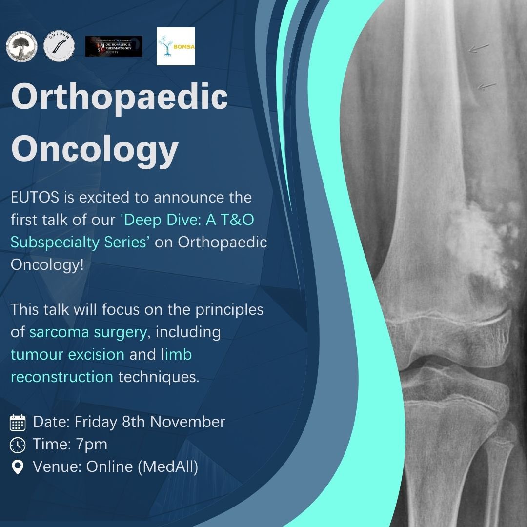 🦴 Introducing the first talk of our Deep Dive: A T&amp;O Subspecialty Series’ on Orthopaedic Oncology. 🦴

This talk will be delivered by Mr Joe Esland, a Specialty Registrar in Trauma &amp; Orthopaedics. 

📅 Date: Friday 8th November
🕕 Time: 7pm
📍 Venue: Online (MedAll)