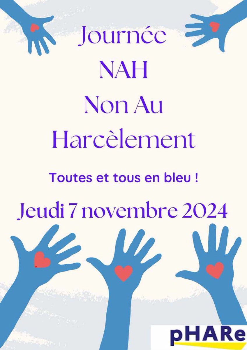 Toutes et tous en BLEU à FERSEN le 7 novembre pour dire NON au HARCÈLEMENT&amp;au CYBER-HARCÈLEMENT SCOLAIRES!Il est indispensable d’agir afin d’apaiser le climat scolaire,développer l’empathie&amp;la solidarité entre les jeunes!Dire NON,faire front: l’essentiel reste dans l’éducation.