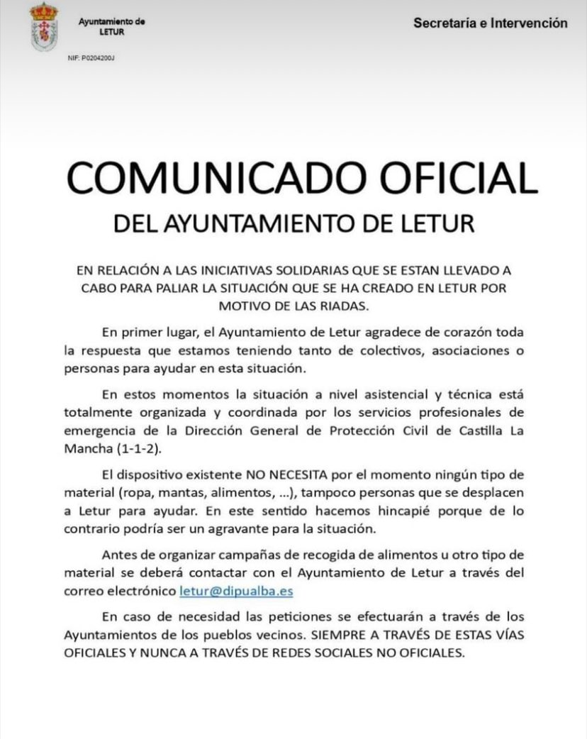 PacoFerez's tweet photo. Por favor, darle difusión. Comunicado oficial del Ayuntamiento de Letur 
#Dana https://t.co/YaMWt0Wk8F