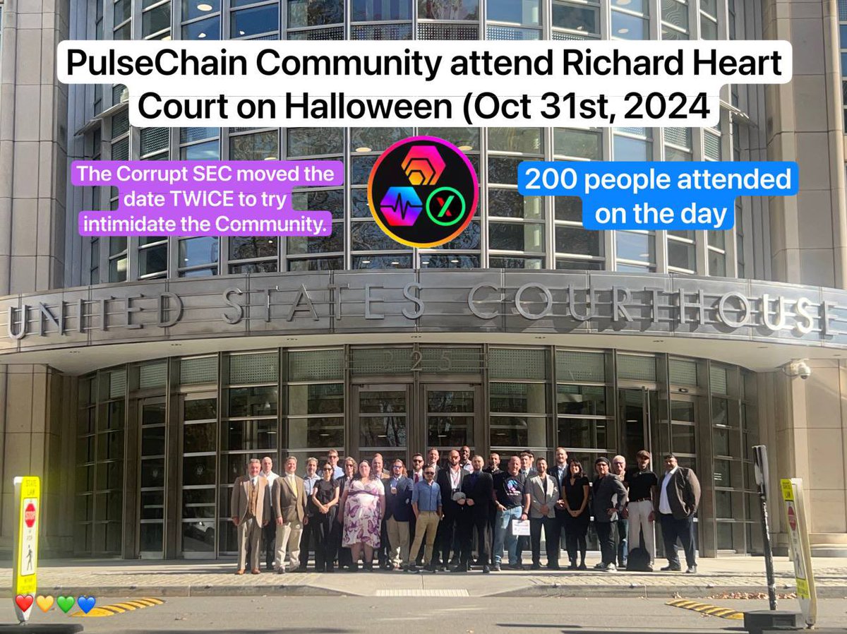 yourfriendSOMMI's tweet photo. ❤️💛💚💙

🚨 JUST IN: Corrupt SEC intimidation plan Fails as PulseChain Community show up to the Richard Heart v SEC court.

PulseChain Community appear in full numbers, with 200 people RSVP attending on the day.

Corrupt SEC tried Twice to move the court date, and settled on Halloween 🎃.

👨🏼‍⚖️ Today, Richard Heart’s 11 lawyers perform an Oral Argument on Judge Aunty Carol, to remind her that $HEX is a Better Bitcoin.