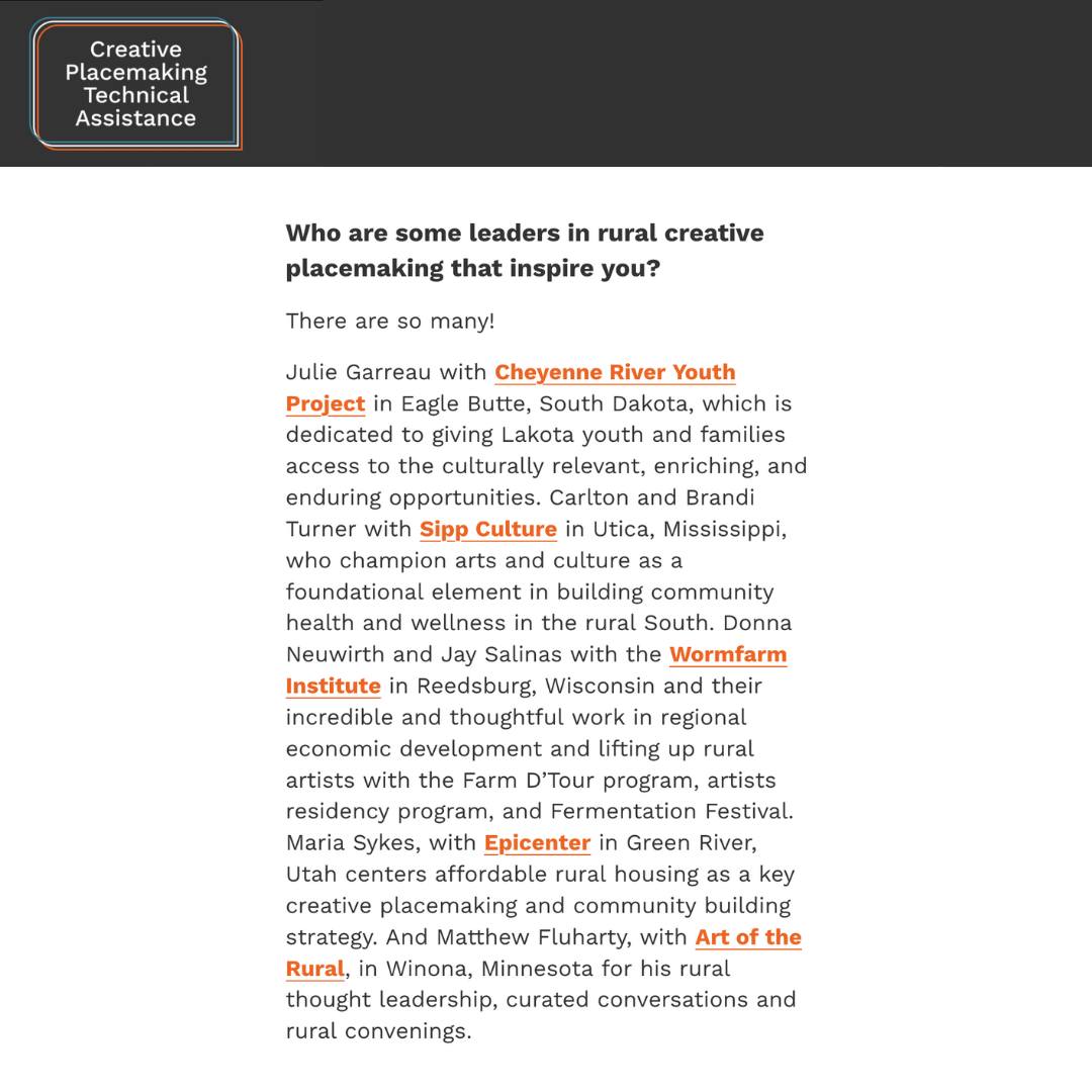 Thank you to John Davis (Executive  Director, Warroad RiverPlace, Warroad, MN) for shouting out Art of the  Rural in this interview with Mina Kim for the NEA Our Town's Creative  Placemaking Technical Assistance's Creative Placemaking Stories! creativeplacemaking.us/stories-info/r…