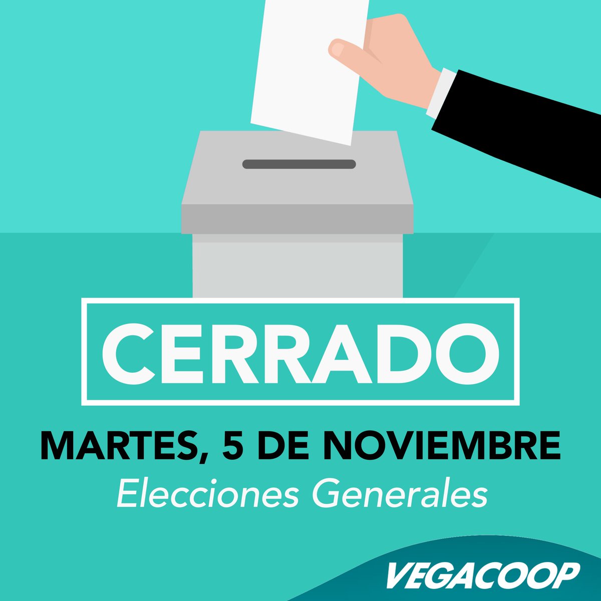 VEGACOOP's tweet photo. AVISO IMPORTANTE:  Les informamos que el martes, 5 de noviembre de 2024 permaneceremos cerrados debido a las Elecciones Generales. https://t.co/R8Z4N13AJ7