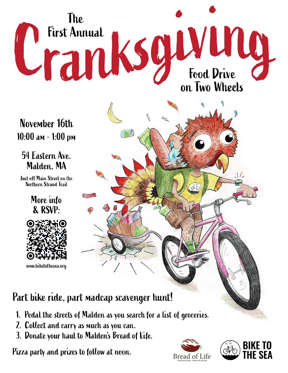 Join Bike to the Sea and Bread of Life to show thankfulness by feeding those in need! Ride or walk on Saturday, November 16th to various grocers in Malden and purchase non-perishable and perishable food items to donate for families this Thanksgiving!
