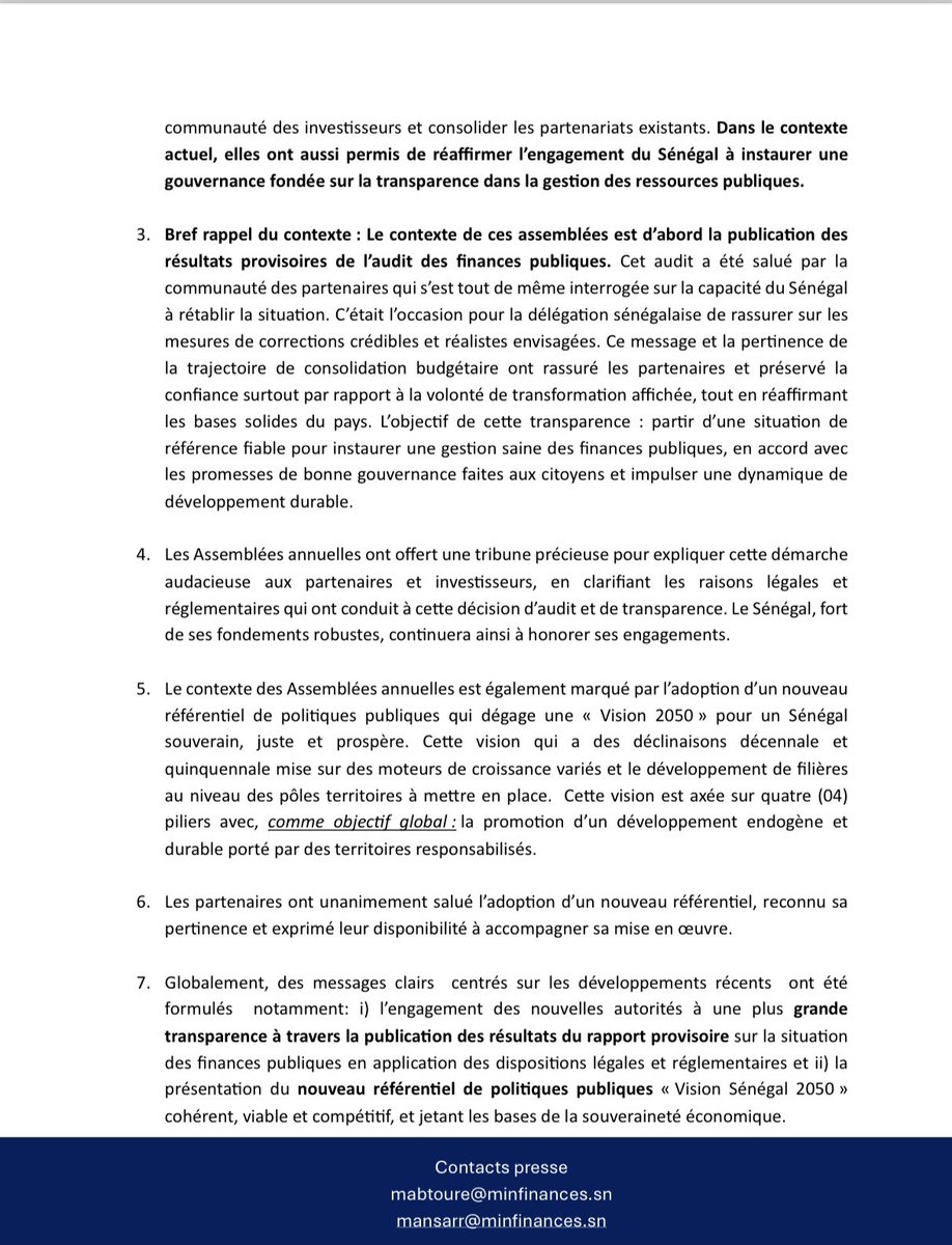 mefp_senegal's tweet photo. Communiqué de presse relatif aux assemblées annuelles du #FMI et de la #Banquemondiale 2024.
#Sénégal #Finance #MFB #MinFinSn #Finance #Vision2050 https://t.co/3MsXWhiCwn
