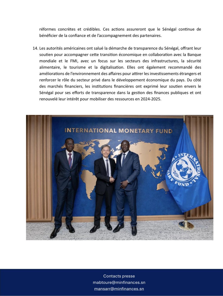 mefp_senegal's tweet photo. Communiqué de presse relatif aux assemblées annuelles du #FMI et de la #Banquemondiale 2024.
#Sénégal #Finance #MFB #MinFinSn #Finance #Vision2050 https://t.co/3MsXWhiCwn